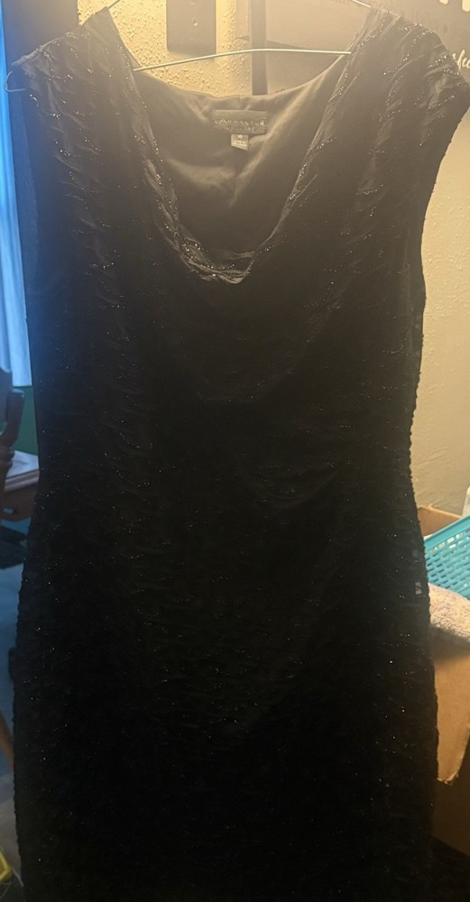 Connected Women’s 16 Long Black Solid Cowl Neck Ruched Cap Sleeve Dress
