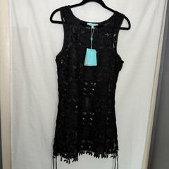 Melissa Odabash Barrie Black Crochet Lace Dress Cover Up Tassel Side Tie M NWT