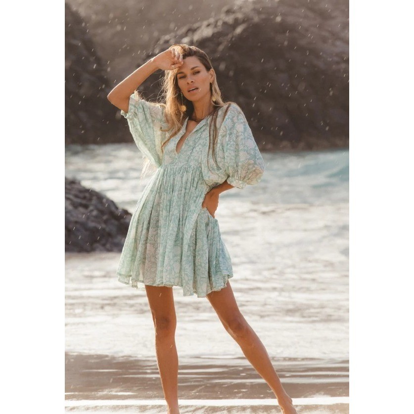 DAUGHTERS OF INDIA Kyra Mini Dress Floral Block Print Cotton Voile Jade Green L
