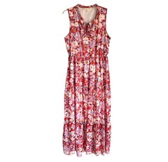 Indigo Rose Sz L Floral Sleeveless Maxi Dress Tiered Lined Tie Front V-Neck