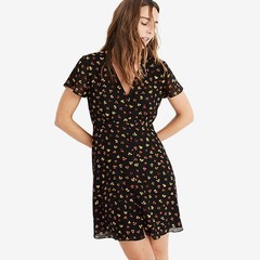 Madewell Silk Button-Front Swing Mini Dress Size 4 Black Feline Floral Soft Girl