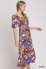 Umgee Multi Floral Print Midi Dress w/ Smocked Bodice & Short Puff Sleeves