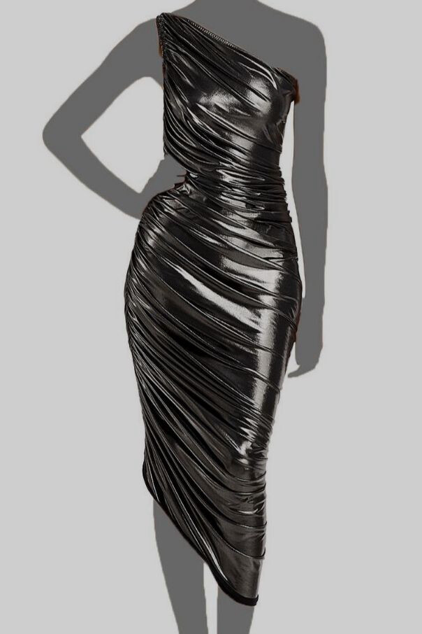 $245 Norma Kamali Women&rsquo;s Gray Diana One-Shoulder Asymmetric Gown Dress SZ S/36