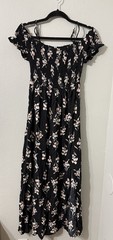 Cute Smocked Square Neck Black Maxi Dress with Pink White Floral and Leg Slit L