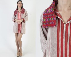 Vintage Woven Guatemalan Dress Aztec Embroidered Folklorico Batik Mexican Mini