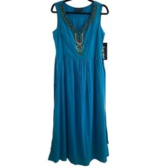 Tango Mango Blue Beaded Maxi Lined Belted Dress Women&rsquo;s Size S PocketsCottage