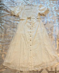 White Puff Sleeve Dress Halter Top Smocked Back Women&rsquo;s Large Tie Front Buttons