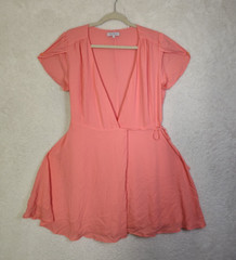 1 State Women Dress Large Coral 100% Polyester Short Sleeve Wrap Tie Fit Flared