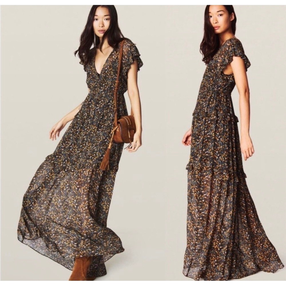 ba&sh Samantha Ruffled Leaf Print Maxi Dress Black Gold Flutter Sleeve Small