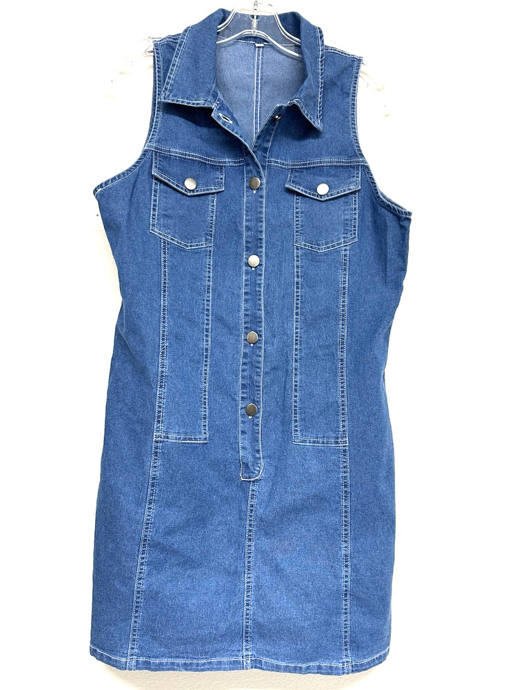 Denim Shirt Dress M Blue Sleeveless Button Front Chest Pockets Casual Western