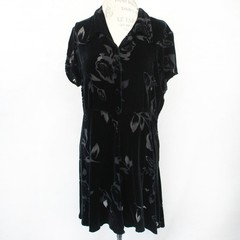T.T. Mar Vintage Black Velvet Shor Sleeve Midi Dress Floral Print Button Belt M