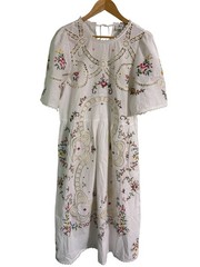 Sea New York Edwina Embroidery Short Sleeve Linen Cotton Blend Midi Dress