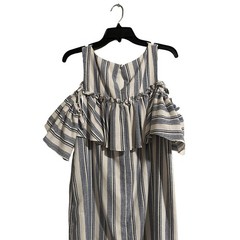 Gianni Bini Women&rsquo;s Medium Blue White Striped Off Shoulder Ruffle Mini Dress