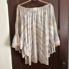 SURF GYPSY | Brown and Blue Swim Cover Up Dress Off Shoulder Bell Sleeves Small