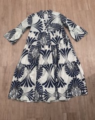 SundayUp White Navy Blue V-Neck Bell Sleeve Long A-Line Maxi Kentucky Dress