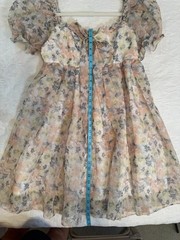 Selkie-like Pastel Floral Mini Dress Puff Sleeve Babydoll M