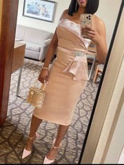 NEW Apricot Off Shoulder Midi Dress Elegant Wedding Guest Cocktail Dress, Size L