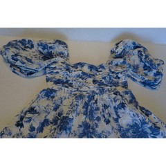 Abercrombie & Fitch Blue Floral Linen Blend Puff Sleeve Mini Dress XS Toile