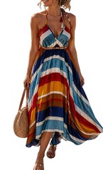 Aakaa Striped Halter Handkerchief Hem Midi Dress Size M NWT Boho Sundress