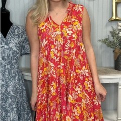 Umgee Red and Orange Pleated Sundress V-Neck Midi