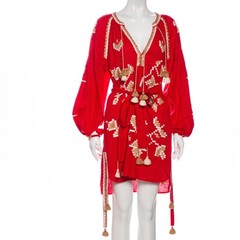 March11 Embroidered by Hand Linen Tassel Mini Dress Tunic Red Size M-L