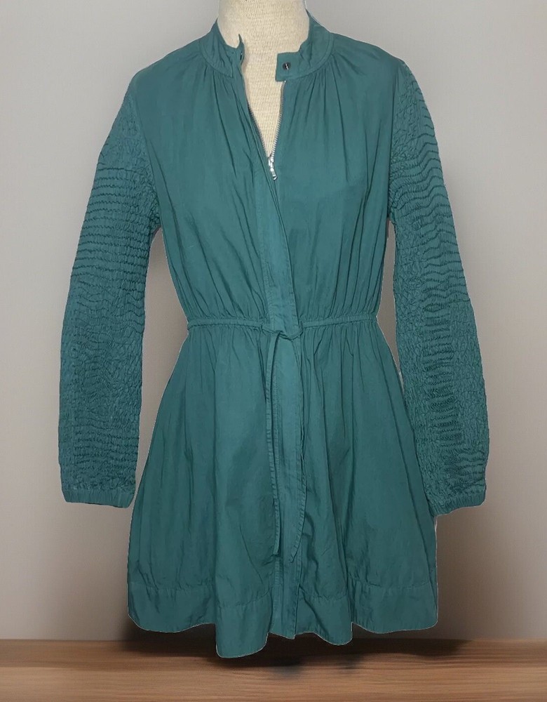Sea NY Size S Casey Emerald Green Hand-Smocked Sleeves Tunic Cotton Top