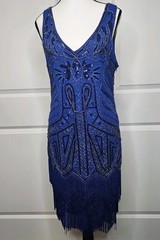 Babeyond Sequin Gatsby Art Deco Dress Size Large Blue Sequin Fringe Beaded