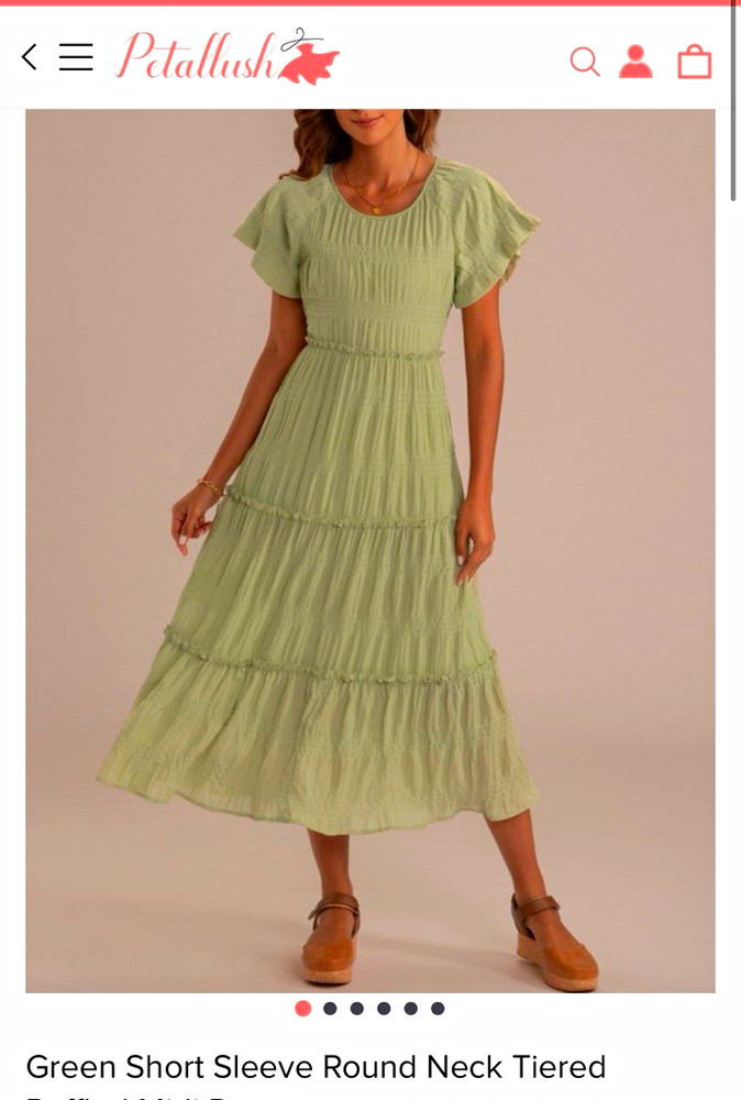 Petallush Green Solid Tiered Ruffle Midi Dress Round Neck Flutter Sleeve XS