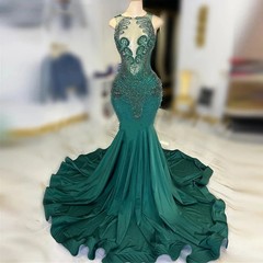 Mermaid Long Evening Dresses Prom Gowns Sleeveless Beades Applique Lace Dress