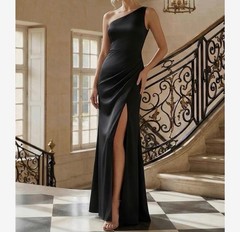 Hebeos Women’s Black One Shoulder Maxi Formal Bridesmaids Satin Dress Size 12
