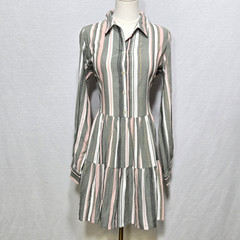 En Creme Women Shirt Sun Dress Ivory Blue Stripe Roll Tab Sleeve Size Small