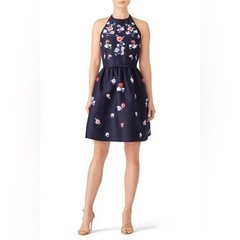 Kate Spade || Pom Embroidered Party Dress Fit Flare Halter Floral Navy 10