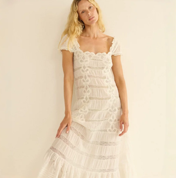 2026 New DOEN French Lace Embroidered Puff Sleeve A Line Maxi Dress Women Spring