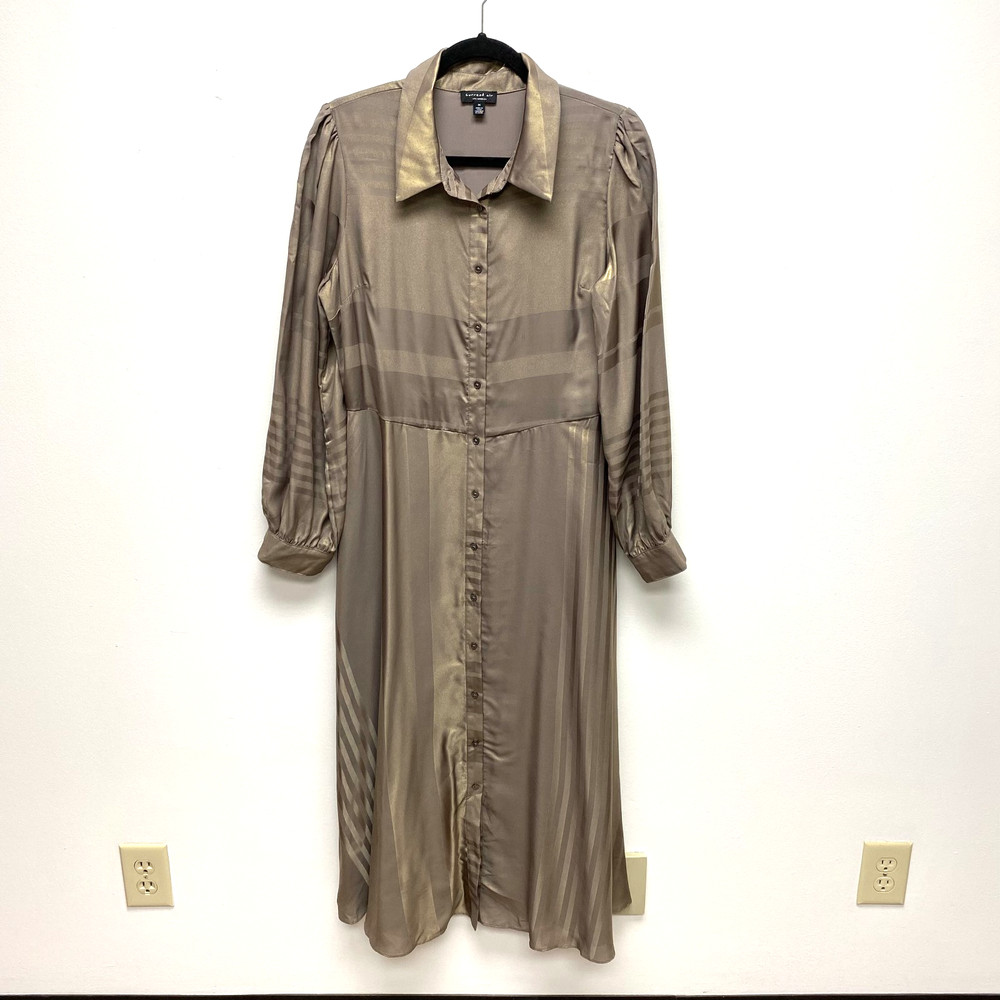Current Air Monday Metallic Midi Button Shirt Dress Women Brown Gold Belted M