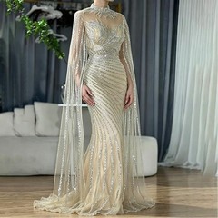 Mermaid Angular Sleeve Lace Bead Evening Dress Sweeping Train Prom Ball Gown