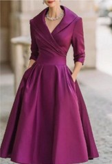 Ladies Satin Elegant Long Sleeve Evening Party Midi Dress Womens V-Neck Dresses