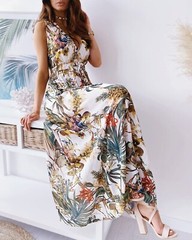 Women&rsquo;s Sleeveless V Neck Boho Floral Maxi Dress Summer Beach Backless Sundress