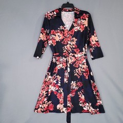 CATO Women&rsquo;s Navy Coral Red Floral Wrap Dress M 3/4 Sleeve Stretch