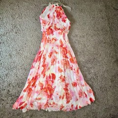 MSK Ladies Sz 14 Floral Chiffon Halter Maxi Dress Pleated Lightweight Lined