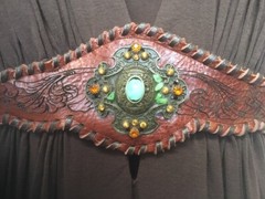 SKY BRAND DEEP V NECK BROWN DRESS w LEATHER JEWELED BELT Sz XS EUC