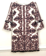 Vince Camuto Sheath Dress Sz 6 White Pink Navy 3/4 Bell Sleeve Tassels