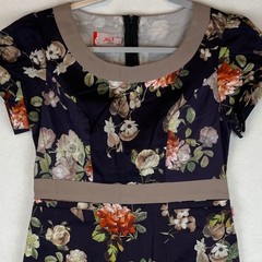 Yes&rsquo;S Style by Yess Floral Sheath Dress Navy Tan Contrast Band Short Sleeve L