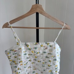 Japna Lemon Print Cotton Mini Dress White Ruffle Hem Smocked Back Womens L NWT