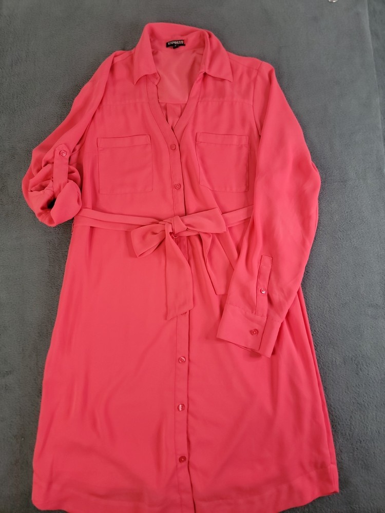 Express Womens Small Knee Length Linned Rolled Cuff Belted Dress Polyester Peach