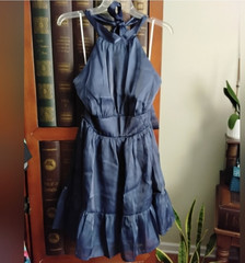 Lulus Blue Solid Halter Tie-Neck Sleeveless Tiered Ruffle A-Line Mini Dress M