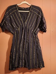En Creme Size M Gold Metallic Stripe On Black Semi-Sheer Cotton Short Dress