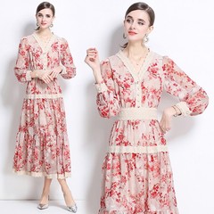 New Floral Embroideried V Neck Belt Long Sleeve Women Casual Party Midi Dresses