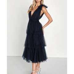 Lulu&rsquo;s Flawless Arrival Navy Blue Tulle Tie-Strap Tiered Maxi Dress Small