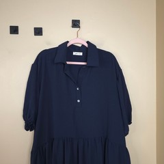 Beeson River Short Sleeve Collared Drop Waist Bubble Hem Mini Dress in Navy XL