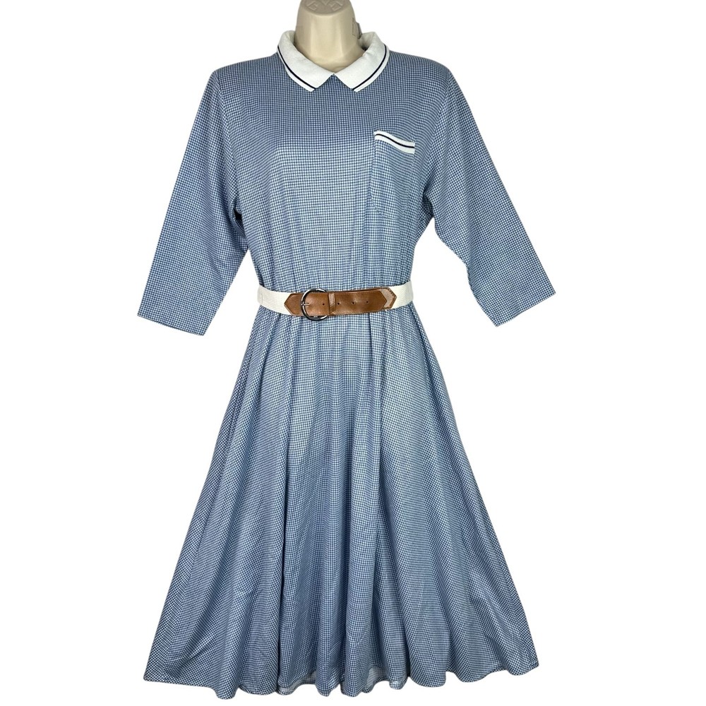 Vintage Blue Gingham Midi Dress w Belt White Collar Full Skirt 80s USA 12 Modest